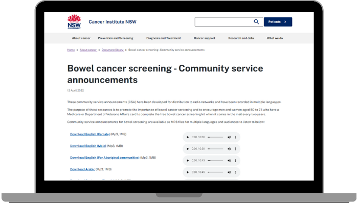 Image of the webpage providing the bowel screening audio messages