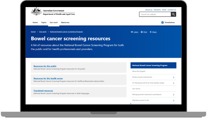 Image of the webpage providing the bowel screening translated resources