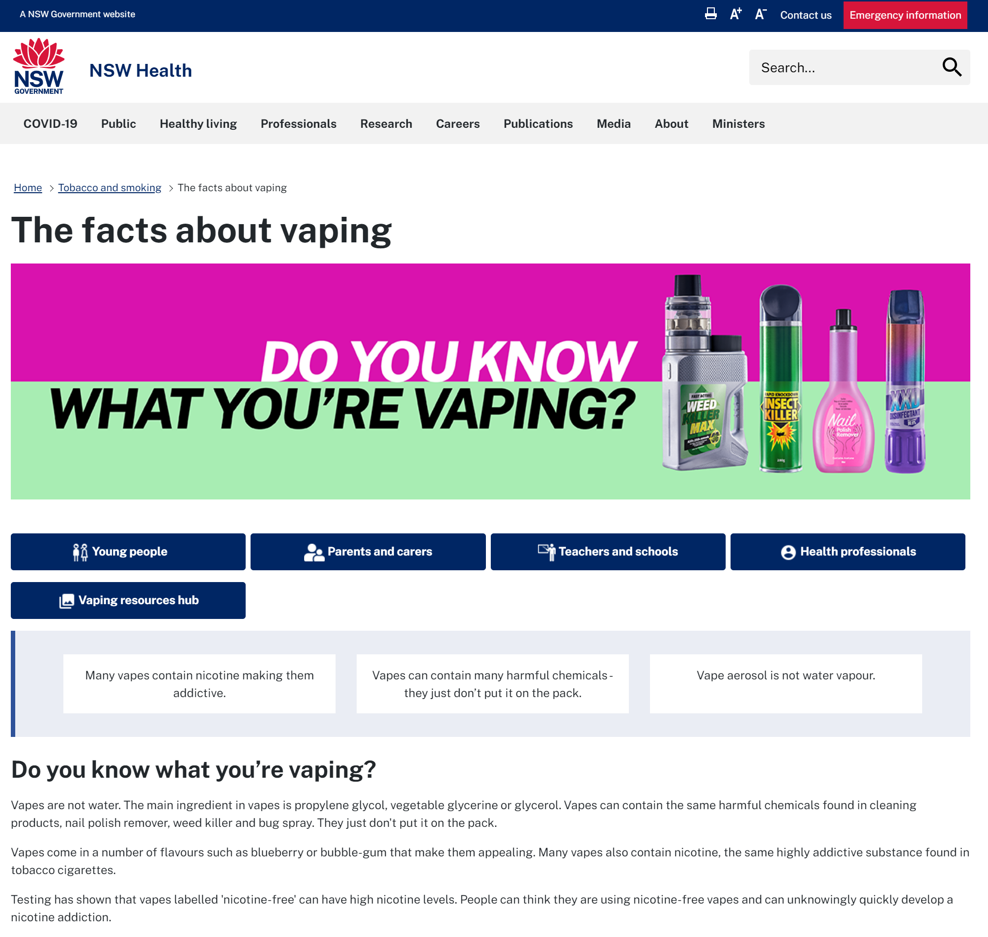Screenshot of 'The facts about vaping' website
